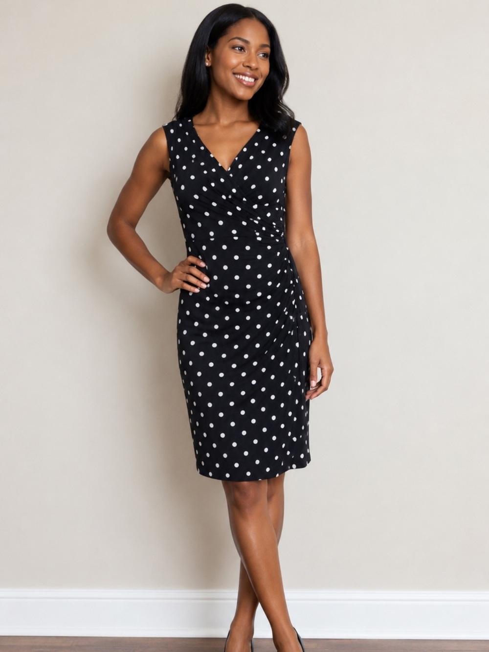 Jessica Howard Black White Polka Dot Dress Size 8 Ruched Side Faux Wrap Sheath